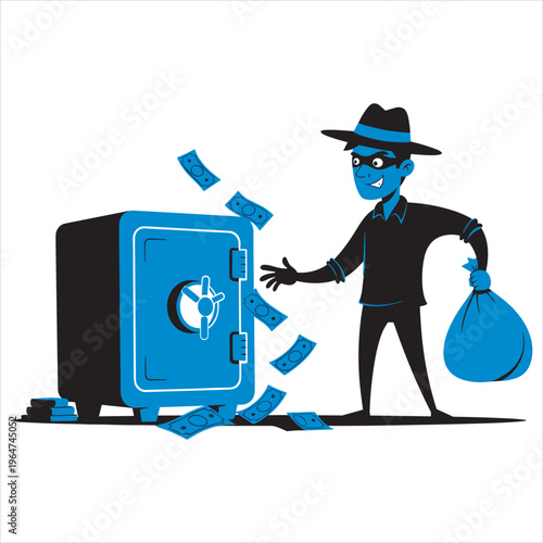 A cartoon thief in black clothes stealing money from a blue safe Vector