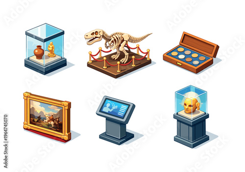 Museum Exhibits. Isometric flat vector icons set of Museum Exhibits: glass museum display case, dinosaur skeleton exhibit, ancient coin collection tray, framed