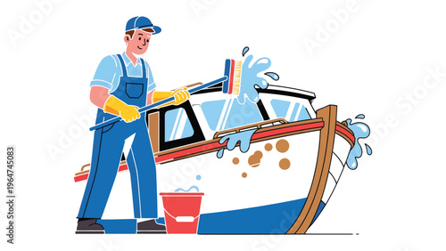 Maintenance on the Sea: A meticulous worker is cleaning a boat, ensuring the craft gleams and is seaworthy, this is the dedication of boat care.