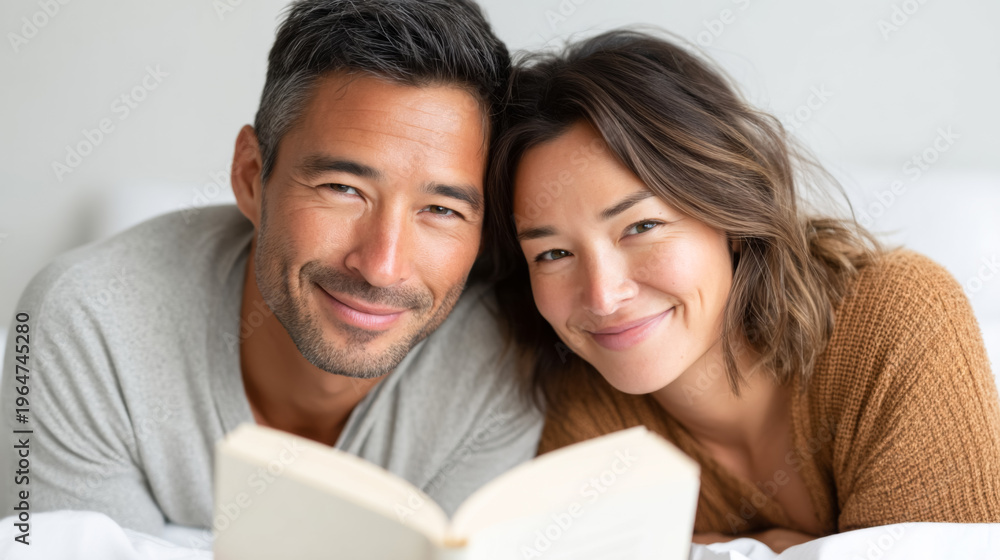Fototapeta premium Authentic diverse couple relaxing in home bedroom with book