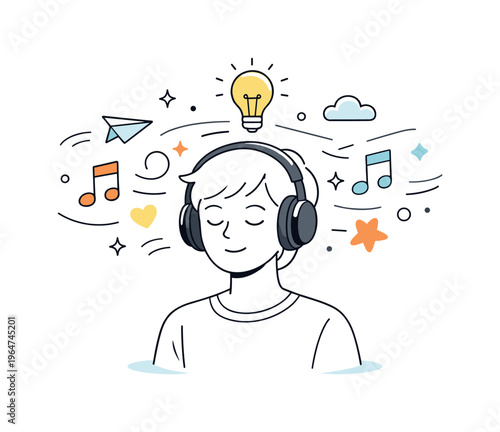 Music and Creativity. A calm character wearing headphones while abstract musical notes float around the head, visualizing ideas and imagination inspired by