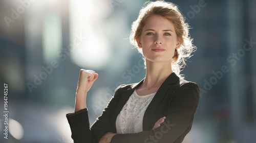 confident businesswoman power pose on a blured office background with natural sunlight