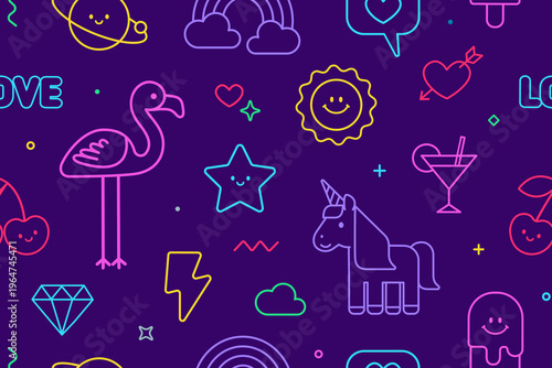 Cute vector Seamless Pattern of Neon funny kawaii characters for kids design. Hand drawn night party pattern in 80s - 90s kawaii style for baby kids design,  print fabric. Editale vector background