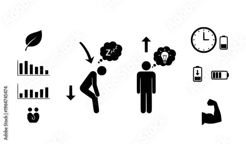 A vector graphic illustration depicting a transformation from fatigue to wellness through healthy habits and productivity