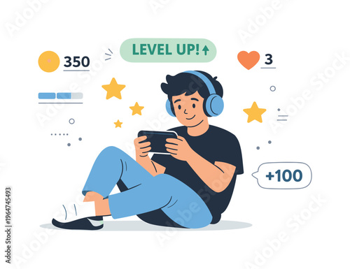 Mobile Gaming Moment. A relaxed character playing a game on a smartphone while sitting comfortably with headphones. Simple game interface elements, stars and