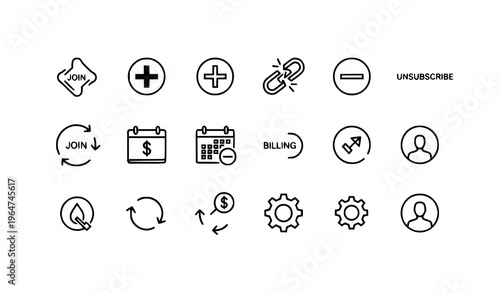 A set of modern line art icons representing various business and subscription concepts on a clean white background in a flat design style