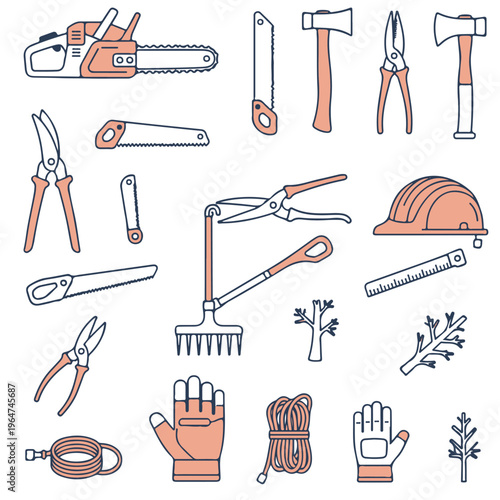 set of tree cutting tools editable vector design, tool, equipment, tools, isolated, set, hammer, screwdriver, vector, metal, work, white, wrench, pliers, steel, illustration, icon, construction