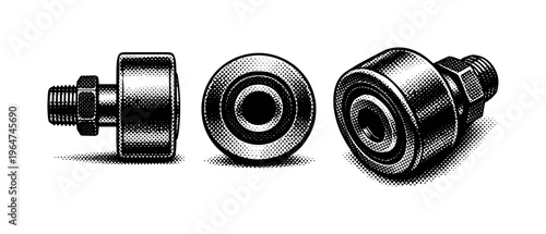 Cam follower roller. A cam follower roller shown as a single object in three views: side view with mounting stud, front view showing the roller surface, and
