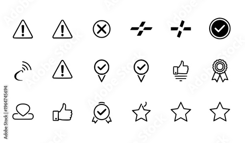 A set of black and white icons featuring various symbols and signs including warning signs checkmarks stars and ratings on a transparent background