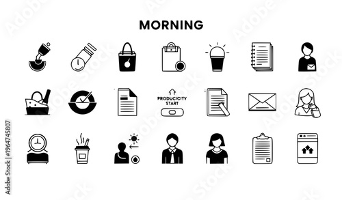A collection of minimalist icons representing morning routines and productivity on a white background in a vector graphic design