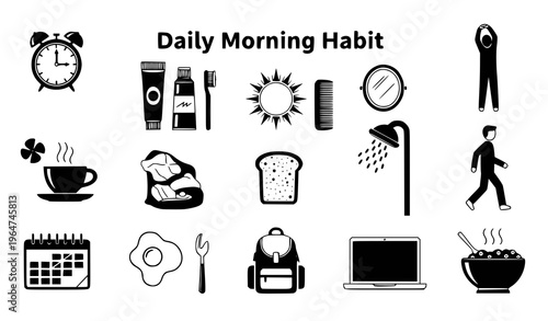 A vector graphic illustration depicting various daily morning habits in a flat minimalist style with black icons on a white background