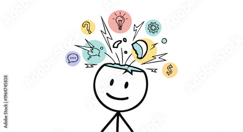Stick figure with exploding head and creative ideas symbols, concept of brainstorming, mental overload and inspiration.