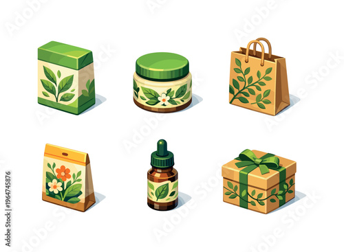 Botanical Packaging. Isometric flat vector icons set of Botanical Packaging: herbal tea package with leaves illustration, natural skincare jar with botanical