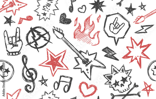 Rock'n'Roll music and Punk doodle signs - hand drawn fashion seamless pattern in grunge style - editable vector background for street wear design