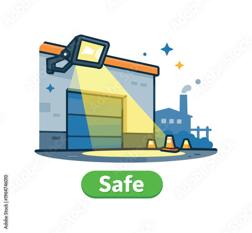 Outdoor industrial lighting setup showing a wall-mounted floodlight illuminating a simple building facade, capturing safety and visibility in exterior work