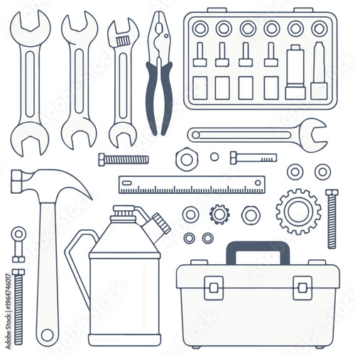 set of tools editable line art vector design, tool, equipment, tools, isolated, set, hammer, screwdriver, vector, metal, work, white, wrench, pliers, steel, illustration, icon, dental, construction