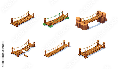 Rope bridge. Isometric flat vector icons set of rope bridge: wooden plank rope bridge, jungle rope suspension bridge, canyon rope crossing, rope bridge with