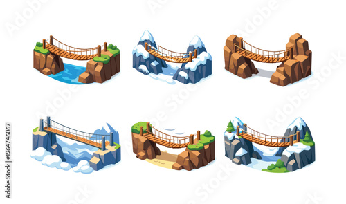 Mountain bridges. Isometric flat vector icons set of mountain bridges: rope bridge over canyon, snowy rope bridge, rocky cliff rope crossing, high altitude