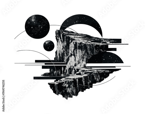 galactic cliff with suspended spheres and semicircles, abstract lines and block shapes, black and white surreal rock formation with layered retro cut-out
