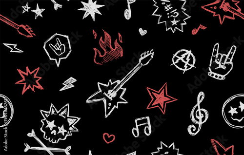 Rock music and Punk hand drawn doodle background in grunge style - fashion seamless pattern for street wear design