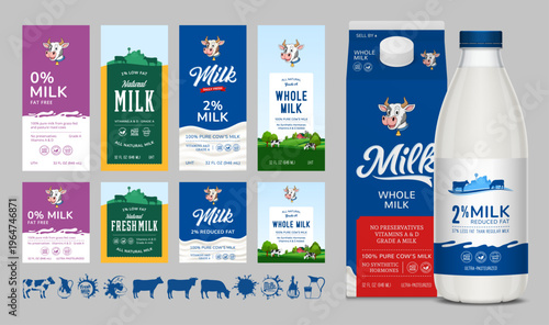 Milk packaging design set with labels, icons, and bottle and carton mockups for farm-fresh milk products, organic dairy brands, and grocery store packaging