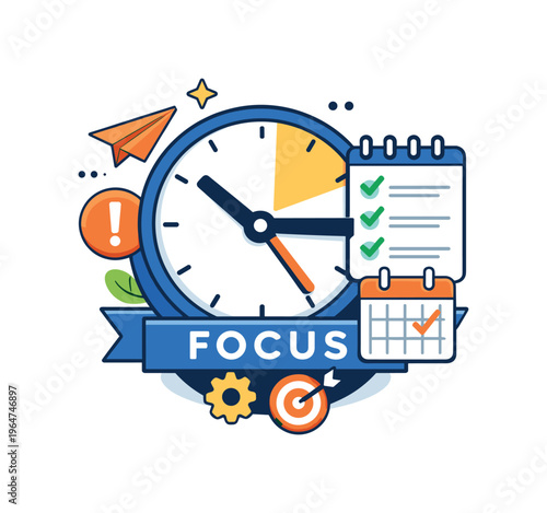 Freelancer time management built around a clock and checklist merging into a focused productivity badge. A clear and motivating visual of deadlines and