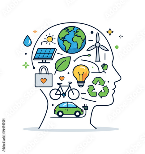 Environmental responsibility mindset illustrated by a person silhouette connected with small eco icons forming a thoughtful and conscious identity. A modern