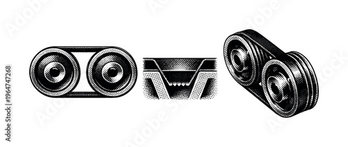 V-belt and pulley set. A rubber V-belt fitted into grooved pulleys displayed in three views showing alignment, depth, and angular positioning. Black and white