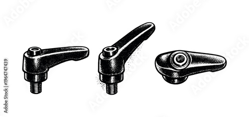 Adjustable clamping lever. A mechanical clamping lever with ergonomic handle and threaded insert displayed in three views showing locking position, angled
