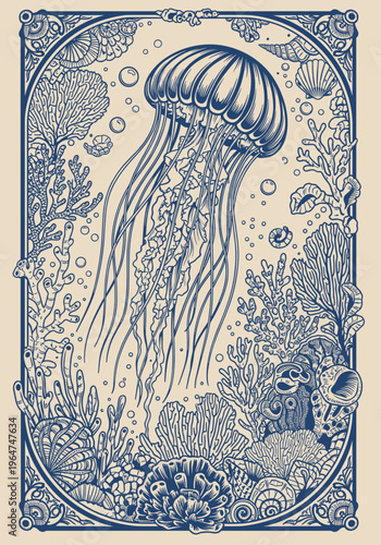 Jellyfish in vintage ornamental marine frame illustration