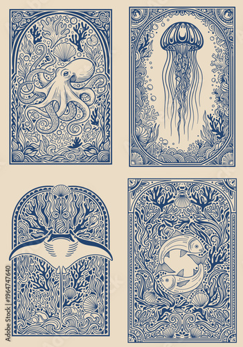 Art deco ocean fauna print set of 4 with jellyfish fish octopus stingray