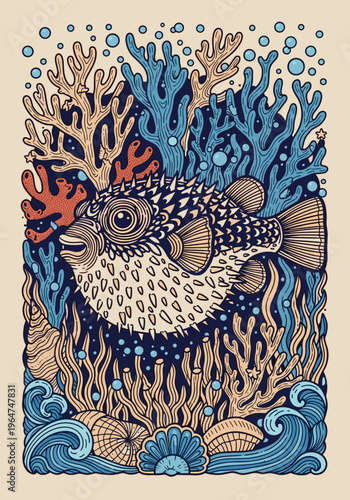 Puffer fish with coral reef in vintage ornamental marine style
