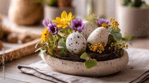 Spring flowers with decorative Easter eggs centerpiece