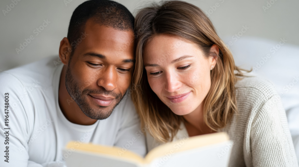 Fototapeta premium Relaxed couple reading together in cozy bedroom setting