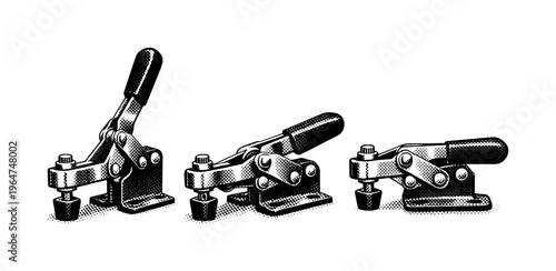 Toggle clamp mechanism. A metal toggle clamp with pivoting linkage and locking handle displayed in three views showing open, locked, and side positions