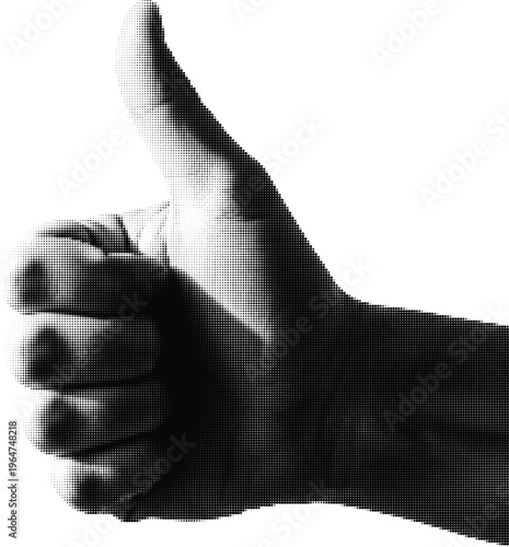 Halftone thumbs up gesture icon showing success and approval isolated on transparent background vector graphic.