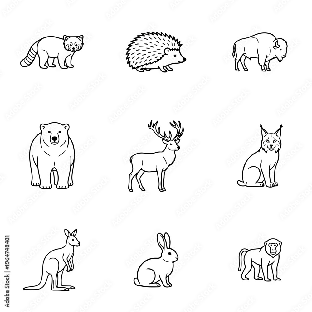 Fototapeta premium set of wild animal editable line art vector design, silhouette, animal, vector, animals, horse, elephant, illustration, dog, wild, farm, cow, deer, lion, cat, tiger, set, giraffe, icon, black, goat