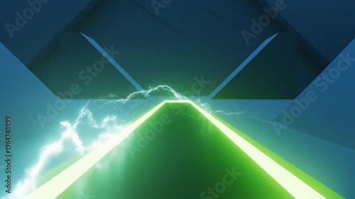 A vivid green neon slot glows against a dark blue abstract background in a simple, minimalist geometric wallpaper composition.