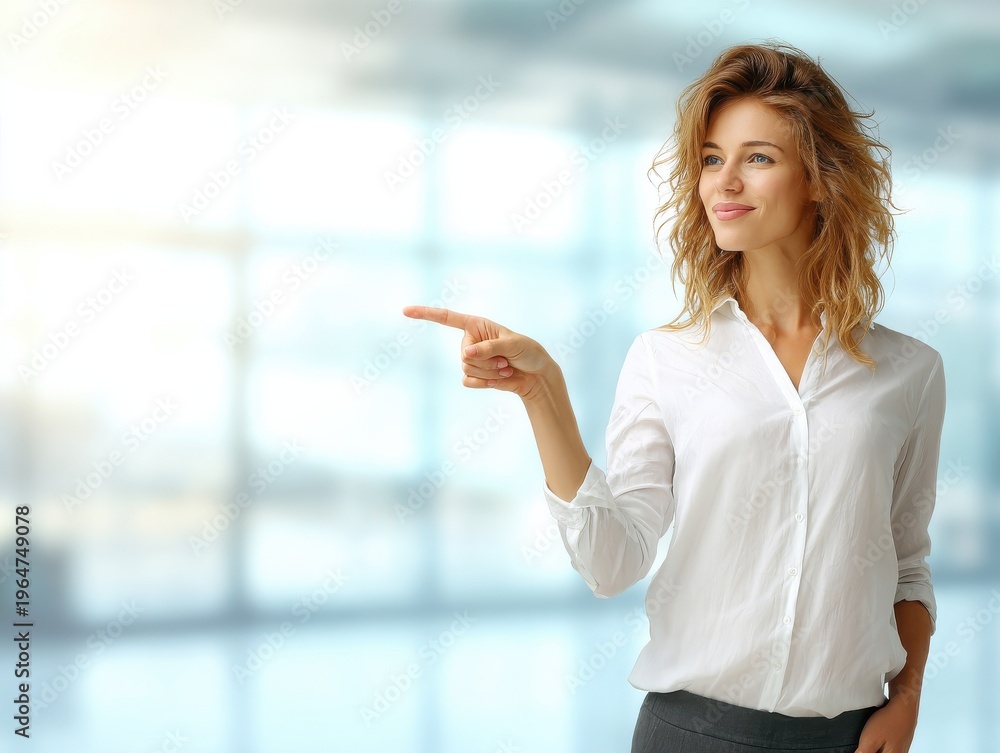 Fototapeta premium corporate woman pointing side on a blured office background with natural sunlight