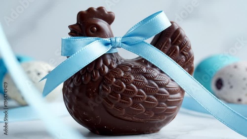 Chocolate Chicken With Blue Ribbon and Easter Eggs in Background, Close Up