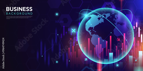 Abstract futuristic business background with globe, financial charts, stock market graphics and data visualizations. Global finance banner. Vibrant neon colors on dark backdrop. Vector illustration.