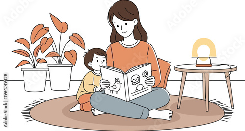 Mother and child enjoying a peaceful moment together reading an educational storybook with colorful illustrations, fostering imagination and quality family time at home.