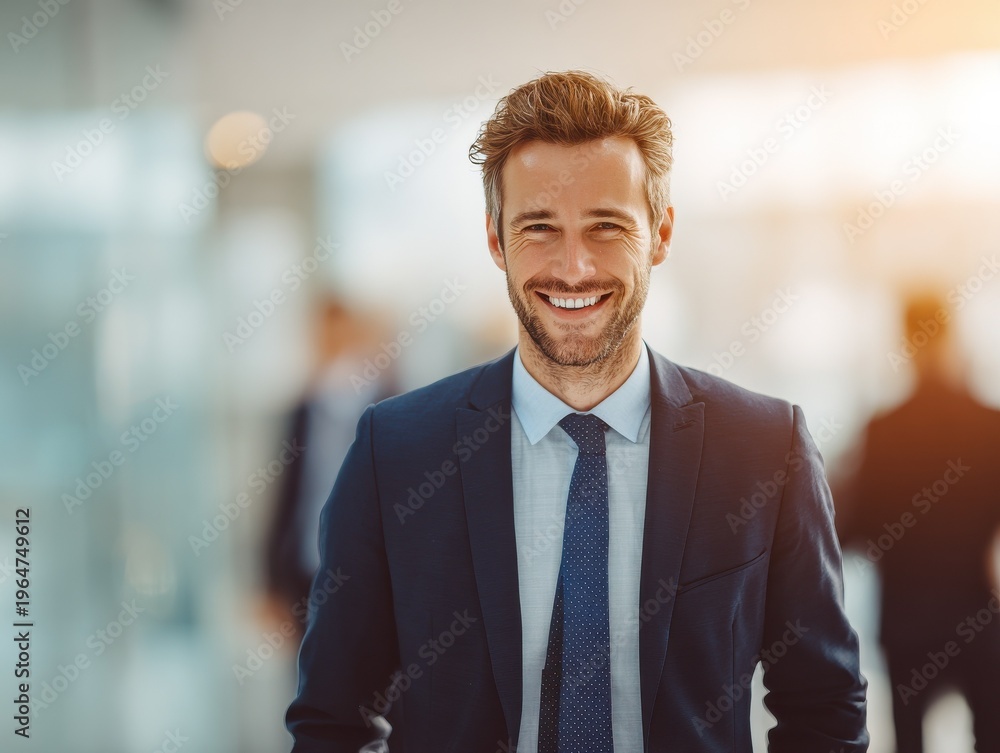 Fototapeta premium professional man suit smiling on a blured office background with natural sunlight