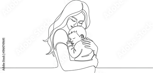 Minimalist continuous line art drawing depicts a tender moment of a loving mother gently embracing her peacefully sleeping baby child close.
