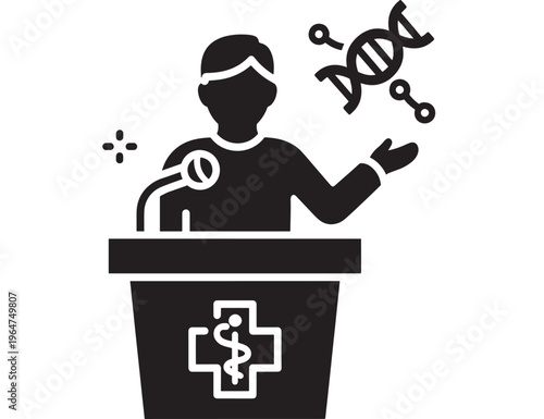 Scientist at podium with DNA double helix and medical cross symbol, giving a lecture in a medical or scientific setting.
