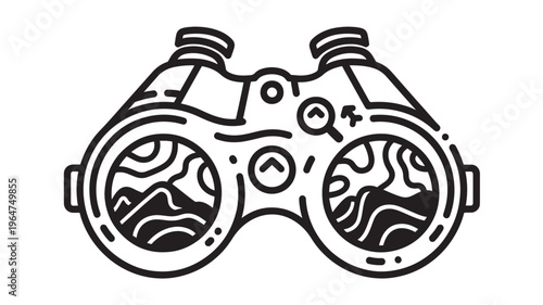Binoculars with detailed topographic landscape view and black line drawing style featuring binocular, spyglass, spy glasses with telescope and optics