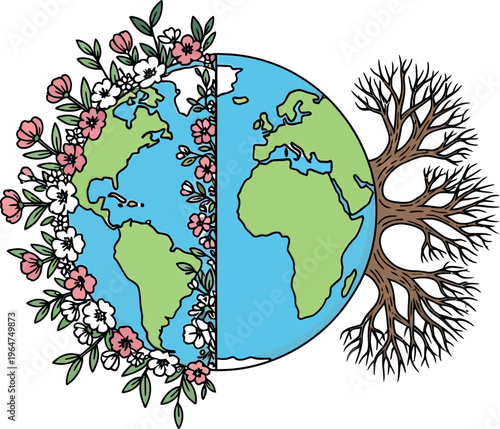 An illustration showcasing the stark contrast between a flourishing, blooming half of planet Earth and a dry, barren half depicting environmental health versus degradation.