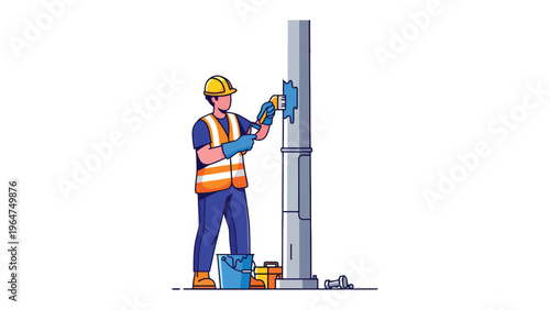 Worker at Work: A diligent worker wearing a hard hat, gloves and high visibility vest diligently cleans a pole.