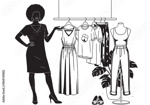 Woman black silhouette standing in fashion store with clothes rack and mannequin displaying trendy outfits and accessories.