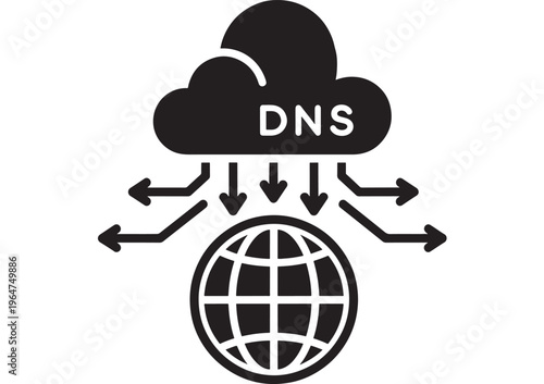 Cloud DNS with arrows pointing to globe icon, illustrating domain name system and internet networking concepts in a simple black and white design.